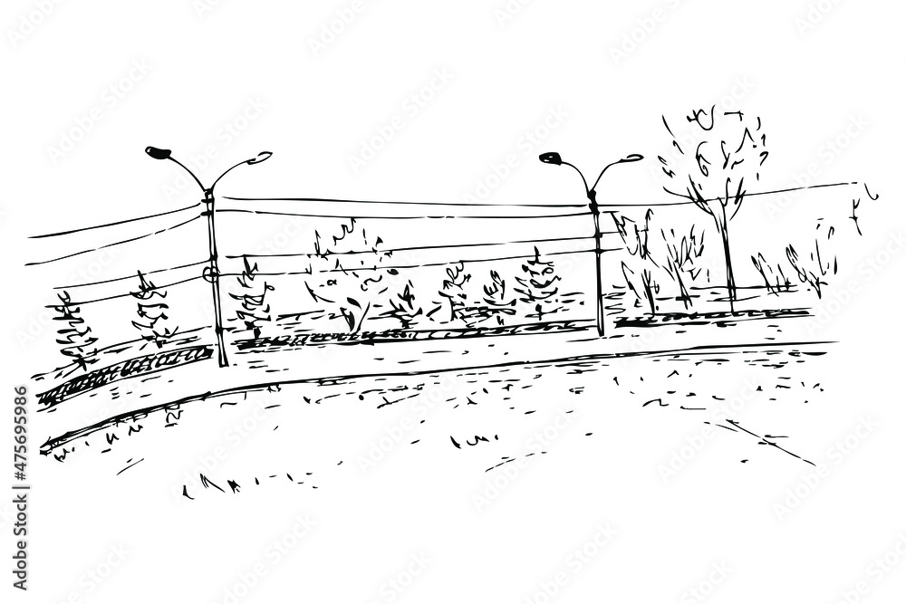 Fototapeta premium Hand drawing sketch of the urban landscape with electric poles. Perfect for T-shirt, poster, textile and prints. Doodle vector illustration for decor and design. 