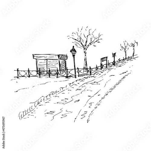 Hand drawing sketch of the winter park landscape with shed and lantern. Perfect for T-shirt, poster, textile and prints. Doodle vector illustration for decor and design. 
