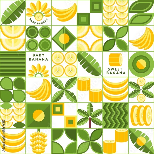 Background with banana design elements, logo in simple geometric style. Seamless pattern with abstract shapes. Good for branding, decoration of food package, cover design, decorative print, background