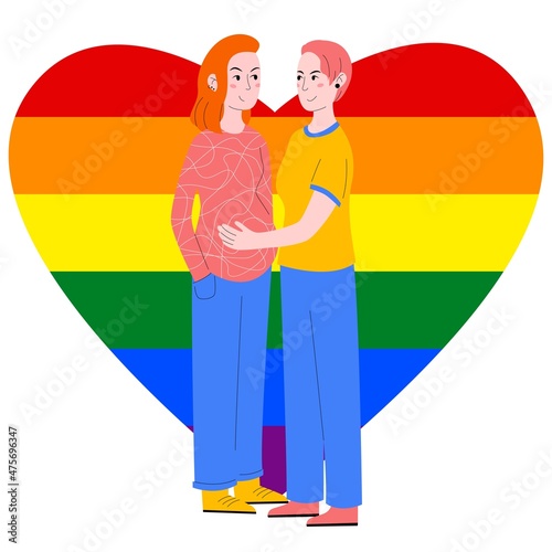 Pregnant lesbian, lesbian family, artificial insemination. Girl touches the belly of her pregnant wife against the background of lgbt hearts. Vector illustration in flat style.