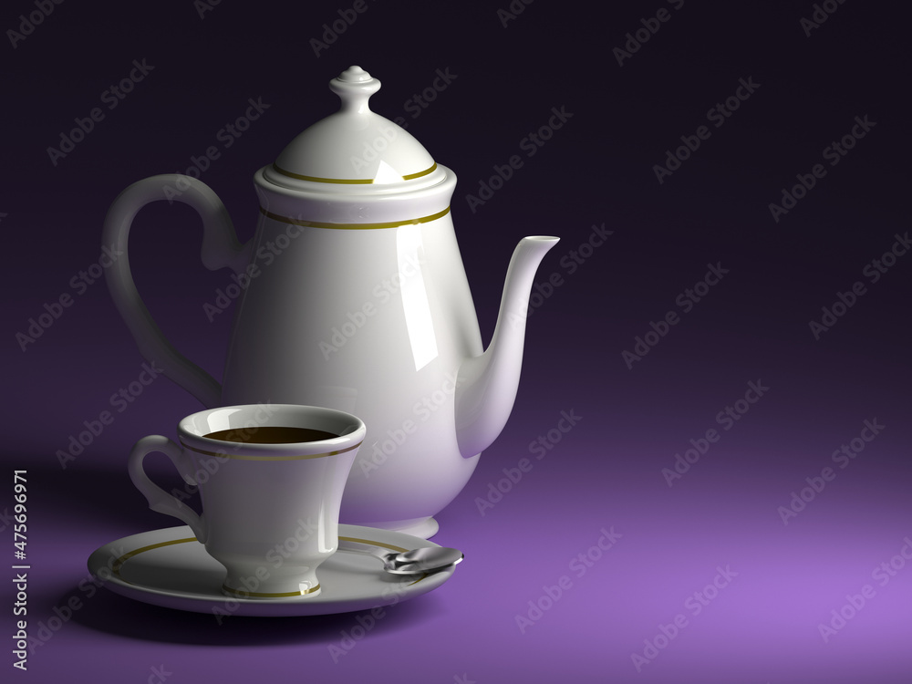 A teapot and a cup on a saucer A teapot and a cup on a saucer