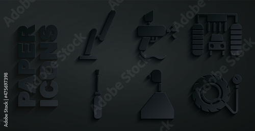 Set Gear shifter, Car wash, Screwdriver, Tire pressure gauge, Paint spray gun and Windscreen wiper icon. Vector