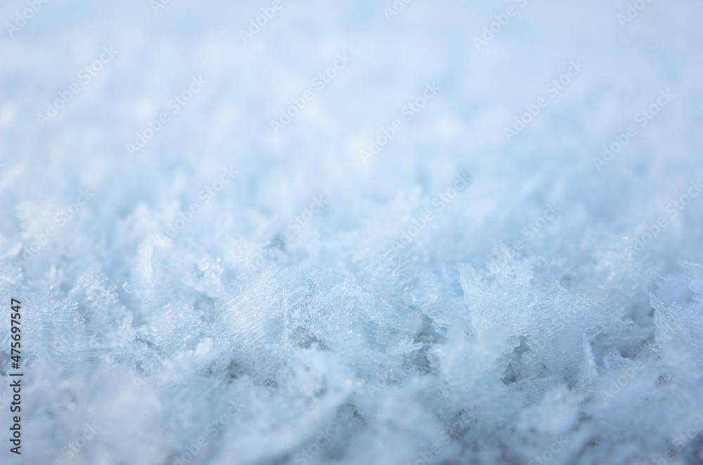Snow frost bright abstract winter background close-up bokeh macro shot, Cold season rime pattern