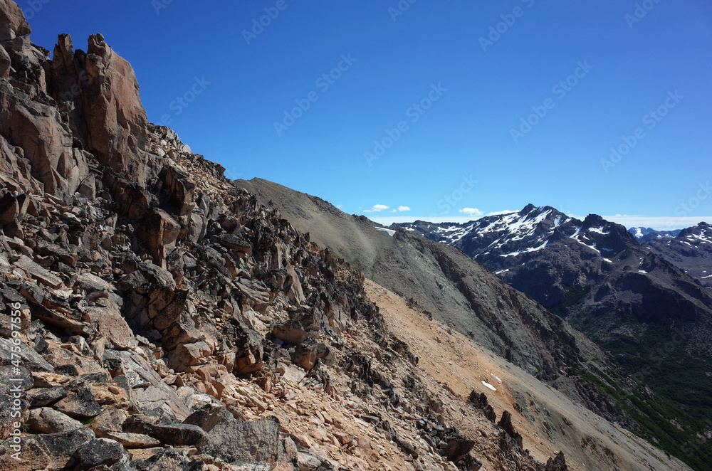 Rocky steep mountainside of Cerro Catedral mountain in Nahuel Huapi National Park, Nature of Patagonia, Argentina