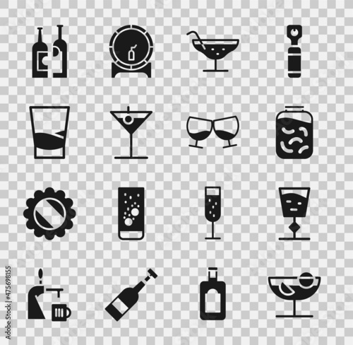 Set Cocktail, Wine glass, Pickled cucumbers jar, Martini, Glass of vodka, Bottles wine and cognac or brandy icon. Vector