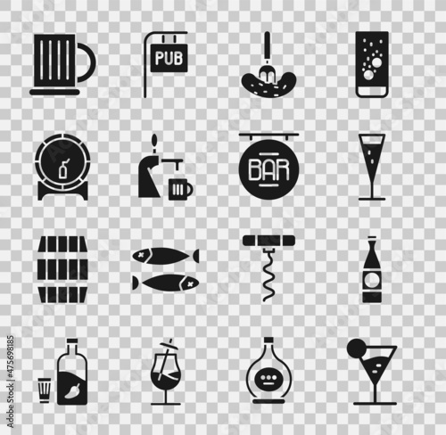 Set Martini glass, Beer bottle, Glass of champagne, Pickled cucumber on fork, tap with, Wooden barrel rack, beer mug and Street signboard Bar icon. Vector