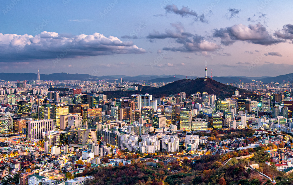 view of Seoul city at night South Korea.