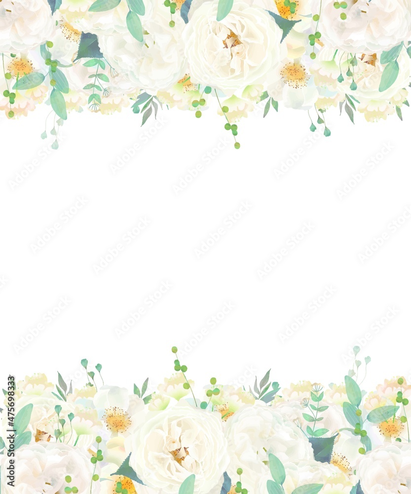 美しい白いバラの花と爽やかなリーフの招待状縦フレームベクターイラスト素材