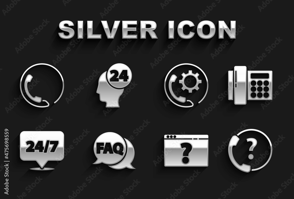 Set Speech bubble with FAQ, Telephone, 24 hours support, Browser question mark, Clock, and Support operator in touch icon. Vector Set Speech bubble with FAQ, Telephone, 24 hours support, Browser question mark, Clock, and Support operator in touch icon. Vector