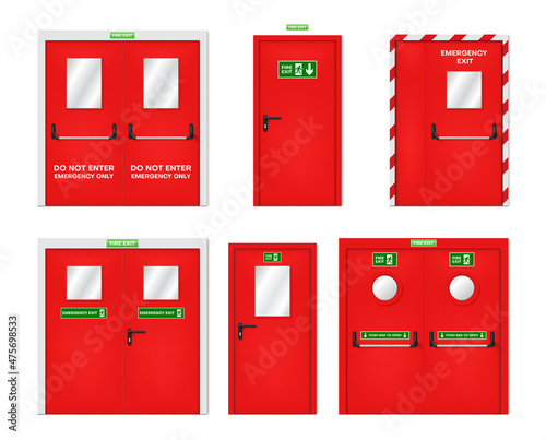 Emergency red door collection vector realistic set safety fire exit metallic entrance evacuate