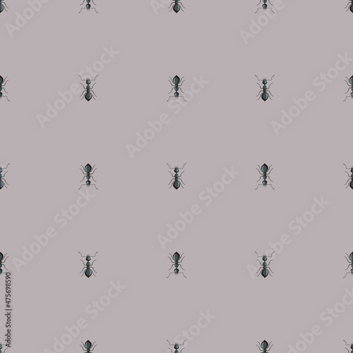 Seamless pattern colony ants on dark gray background. Vector insects template in flat style for any purpose. Modern animals texture.