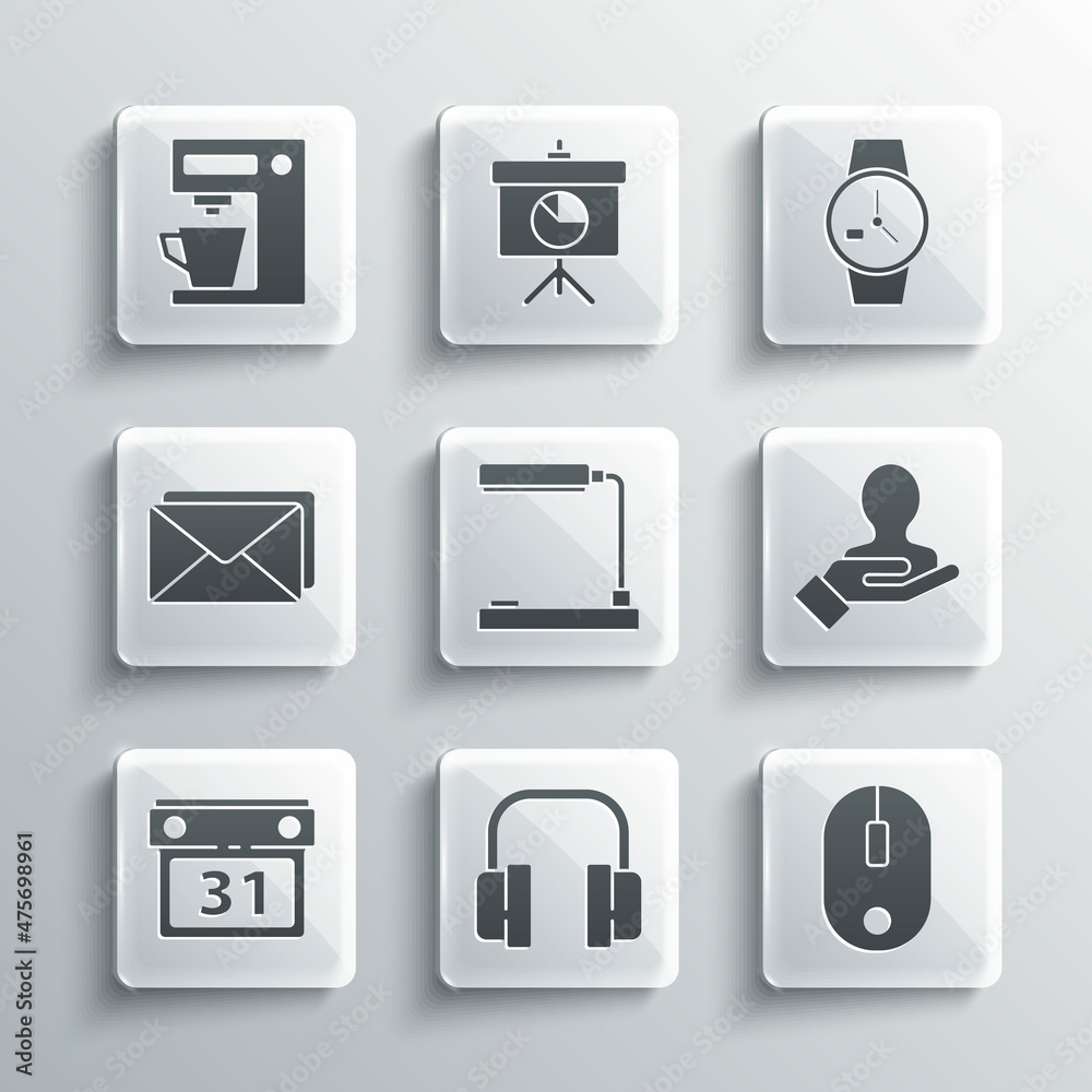 Set Headphones, Computer mouse, Hand for search people, Table lamp, Calendar, Envelope, Coffee machine and Wrist watch icon. Vector