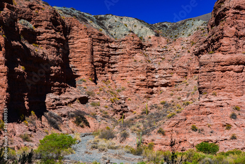Rocky cliffs near the village of La Poma, on the way to the Abra del Acay mountain pass, Salta province, northwest Argentina