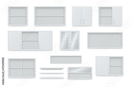 Realistic white wall cabinets and shelves collection vector illustration personal things storage