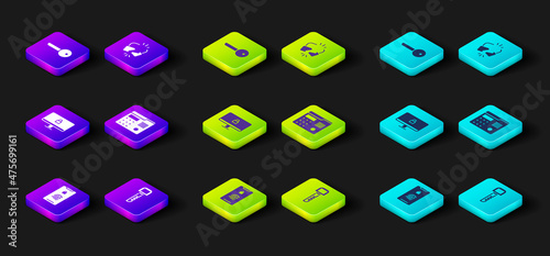 Set Mobile with fingerprint scan, Key, Lock on computer monitor, House intercom system, Broken cracked lock and icon. Vector