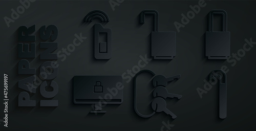Set Bunch of keys, Lock, on computer monitor, Crowbar, Open padlock and Car with remote icon. Vector