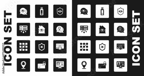 Set Shield and eye, House with scan, Server, Data, Web Hosting, Eye, Cyber security, USB flash drive, System bug credit card and Graphic password protection icon. Vector