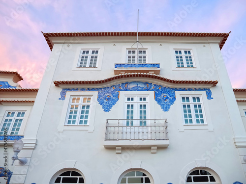 Building of the railway station of Aveiro with historic tiles or Azulejos in north Portugal