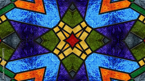 Christmas party background with stained glass window. Light. Seamless looping multicolor animation footage. Kaleidoscopic dynamic background. Dj loop. Optical illusions. Vj loops. Transformations. 4K