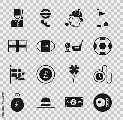 Set British breakfast, Watch with chain, Football ball, Sherlock Holmes, Rugby, Flag of England, soldier and Golf club on tee icon. Vector