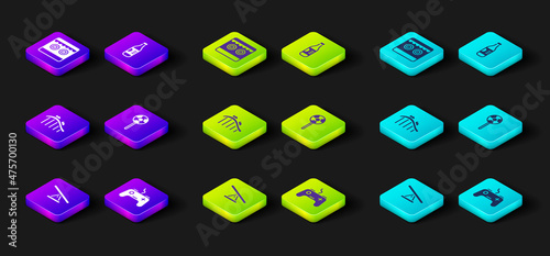 Set Seesaw, Gamepad, Roller coaster, Lollipop, Bottle of water and Shooting gallery icon. Vector