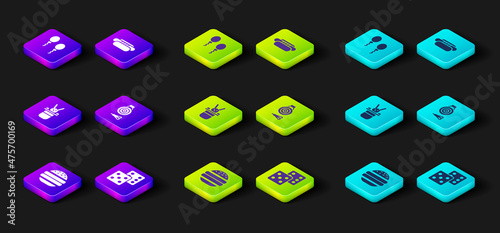 Set Burger, Game dice, Magician hat and rabbit, Classic dart board arrow, Hotdog and Balloons icon. Vector