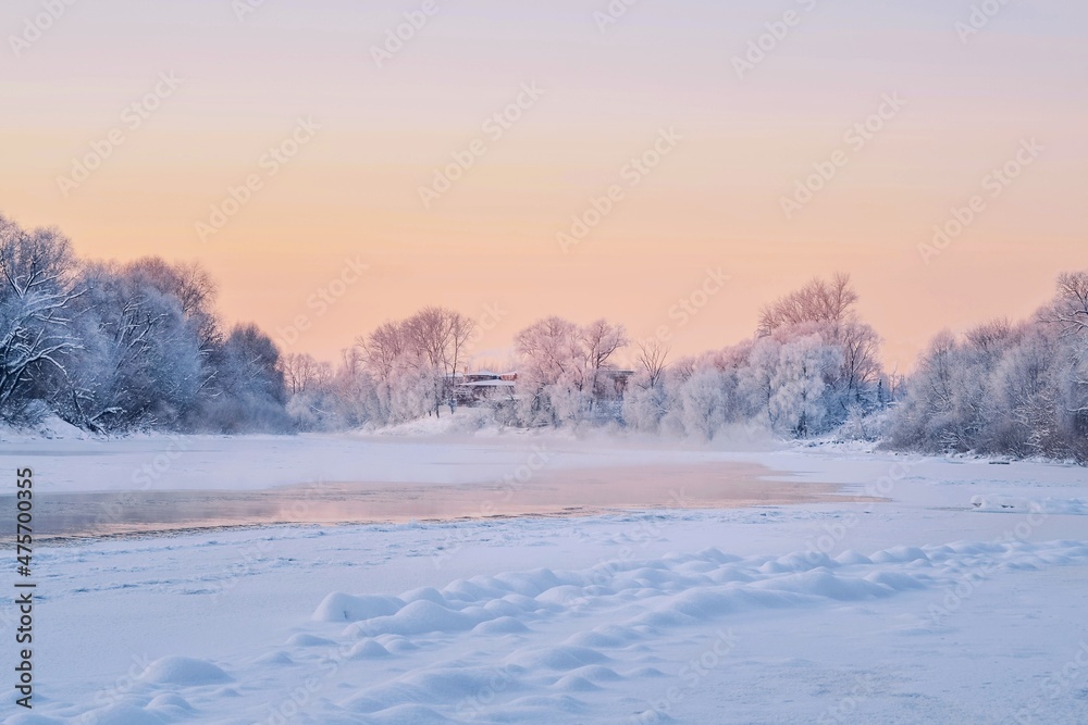 Amazing winter landscape on the river. The tree in hoarfrost is beautifully illuminated by the sun Amazing winter landscape on the river. The tree in hoarfrost is beautifully illuminated by the sun