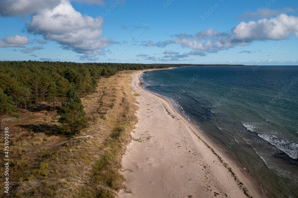 Coastal panorama at Lyckesand beach with ocean on the island of Oland in the east of Sweden from above.
