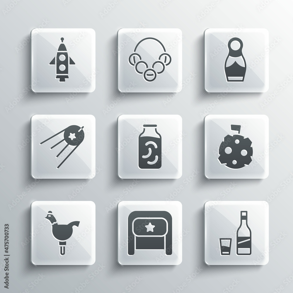 Set Ushanka, Bottle of vodka with glass, Moon flag, Pickled cucumbers in jar, Cockerel lollipop, Satellite, Rocket ship and Russian doll matryoshka icon. Vector Set Ushanka, Bottle of vodka with glass, Moon flag, Pickled cucumbers in jar, Cockerel lollipop, Satellite, Rocket ship and Russian doll matryoshka icon. Vector
