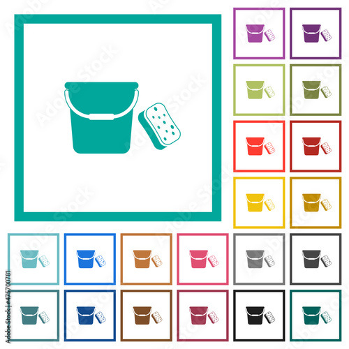 Bucket and sponge flat color icons with quadrant frames
