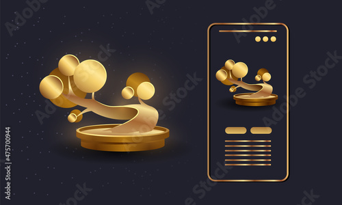 Golden bent Bonsai tree and bonsai pot vector illustration. Abstract phone app interface design with small golden tree icon. Sharimiki Bonsai style.
