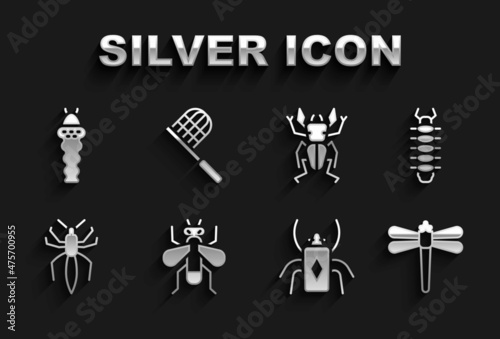 Set Insect fly, Centipede, Dragonfly, Beetle bug, Spider, deer, Larva insect and Butterfly net icon. Vector