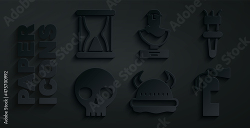 Set Viking in horned helmet, Torch flame, Human skull, Fire extinguisher, Ancient bust sculpture and Old hourglass with sand icon. Vector