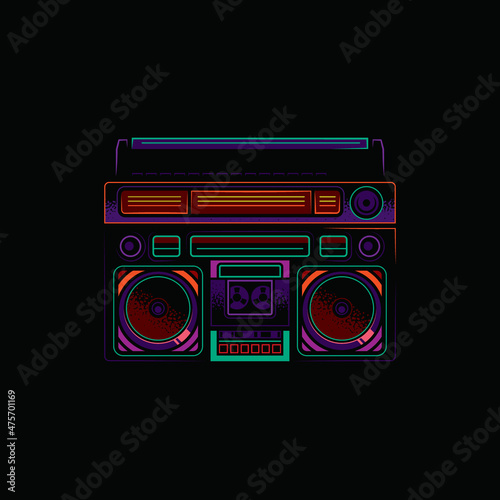 Original, musical vector emblem in neon style. Vintage portable stereo cassette recorder.
