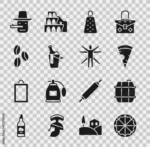 Set Pizza, Barrel for wine, Slice of pizza, Grater, Bottle bucket, Coffee beans, Pinocchio and Vitruvian Man icon. Vector