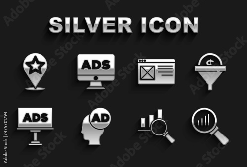 Set Advertising, Lead management, Magnifying glass and analysis, Browser window, Map pointer with star and icon. Vector