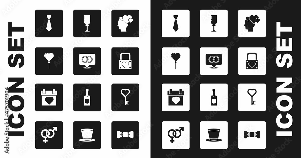 Set Head with heart, Wedding rings, Balloons form of, Tie, Lock and, Glass champagne, Key shape and Calendar icon. Vector Set Head with heart, Wedding rings, Balloons form of, Tie, Lock and, Glass champagne, Key shape and Calendar icon. Vector