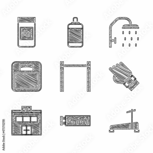 Set Horizontal bar, Location gym, Treadmill machine, Smart watch hand, Gym building, Bathroom scales, Shower head and Anabolic drugs icon. Vector