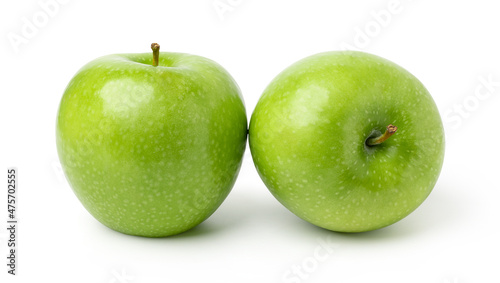 two fresh green apples isolated on white background, with a clipping path.