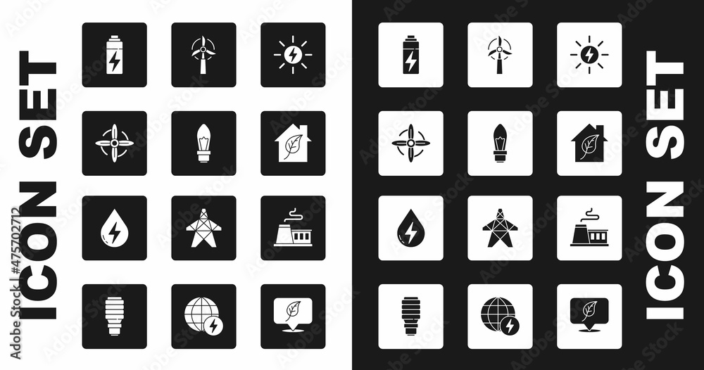 Set Solar energy panel, Light bulb, Wind turbine, Battery, Eco friendly house, Factory and Water icon. Vector Set Solar energy panel, Light bulb, Wind turbine, Battery, Eco friendly house, Factory and Water icon. Vector