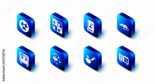 Set Periodic table, Genetic engineering book, Experimental mouse, Spectrometer, Genetically modified apple, food, Biosafety box and Biohazard symbol icon. Vector