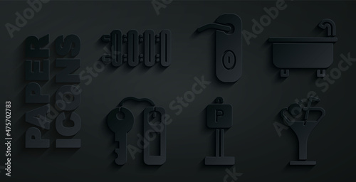 Set Parking, Bathtub, Hotel door lock key, Martini glass, Door handle and Heating radiator icon. Vector