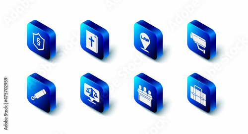 Set Holy bible book, Location law, Security camera, Briefcase, Jurors, Scales of justice, Fountain pen nib and Justice shield icon. Vector
