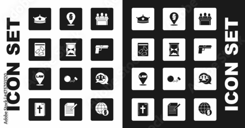 Set Jurors, Old hourglass, Evidence bag and bullet, Police cap with cockade, Pistol gun, Location law, Scales of justice and icon. Vector