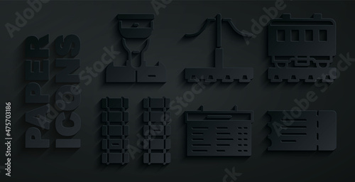 Set Train station board, Passenger train cars, Railway, railroad track, ticket, and conductor icon. Vector