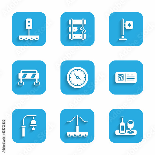 Set Train station clock, Railway, Wine bottle with glass, QR code ticket train, bell, Road barrier, traffic signpost and light icon. Vector