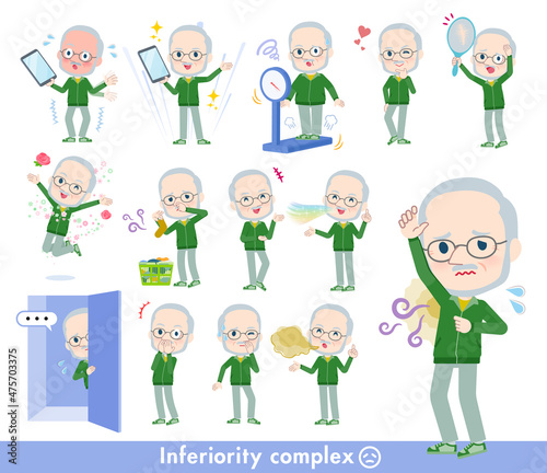 劣等感に関する緑ジャージ白人高齢男性のセット
