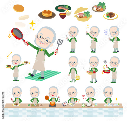 料理に関する緑ジャージ白人高齢男性のセット