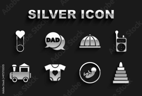 Set Baby clothes, Monitor Walkie Talkie, Pyramid toy, Toy train, hat, pin and Speech bubble dad icon. Vector