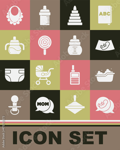 Set Baby, bathtub, Ultrasound of baby, Pyramid toy, Lollipop, bottle, bib and icon. Vector